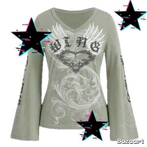 ROMWE Women's Small Green Long Bell Sleeve Graphic V-Neck Top